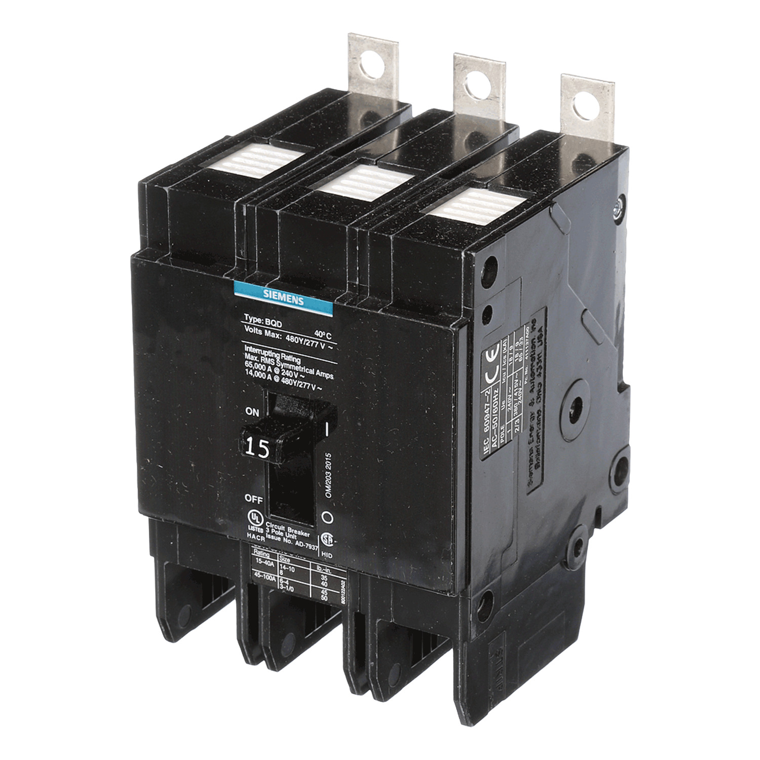 SIEMENS .PASTILLA INTERRUPTOR BQD 3X15A 65KA/240, 14KA/480, 10KA/600V